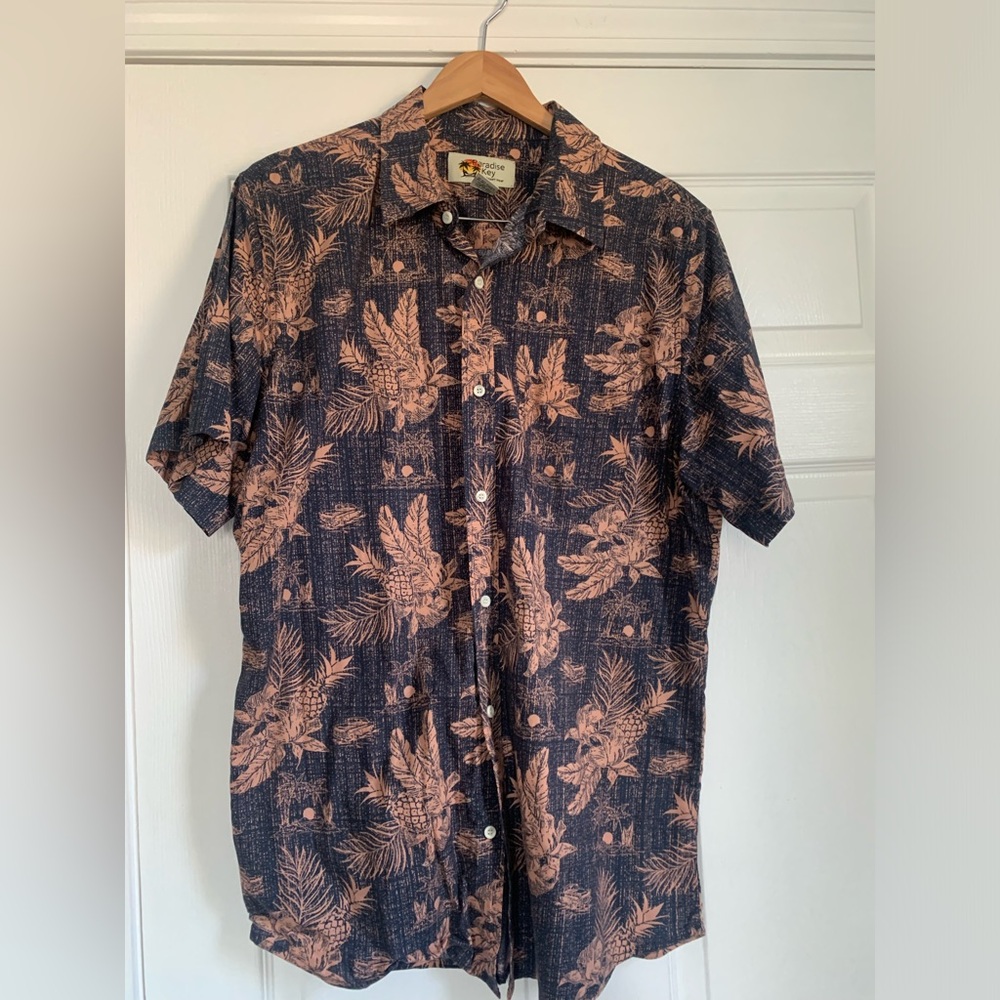 Paradise Key Men's Black & Tan Hawaiian Shirt, Size L